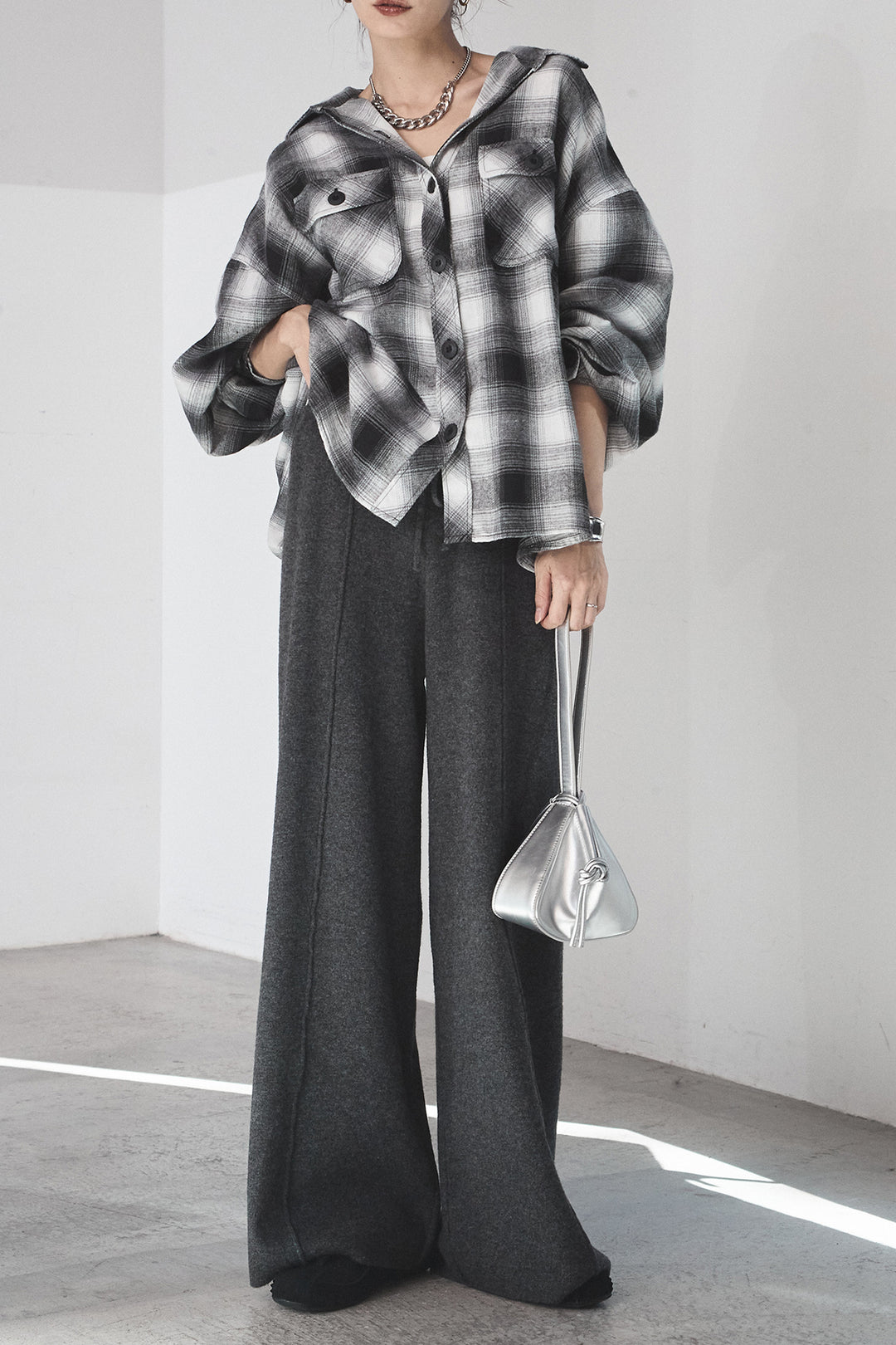 [SET]オンブレーチェックビッグシルエットCPOシャツ+センターラインニットパンツ(2set)