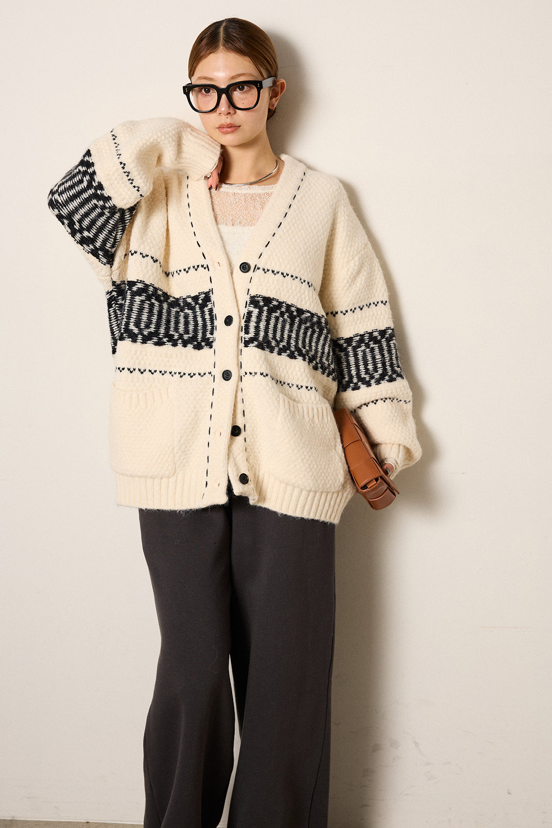 [SET]ライン柄ステッチニットカーディガン+2WAY袖コード刺繍クルーネックプルオーバー+裏起毛スウェットワイドパンツ(3set)