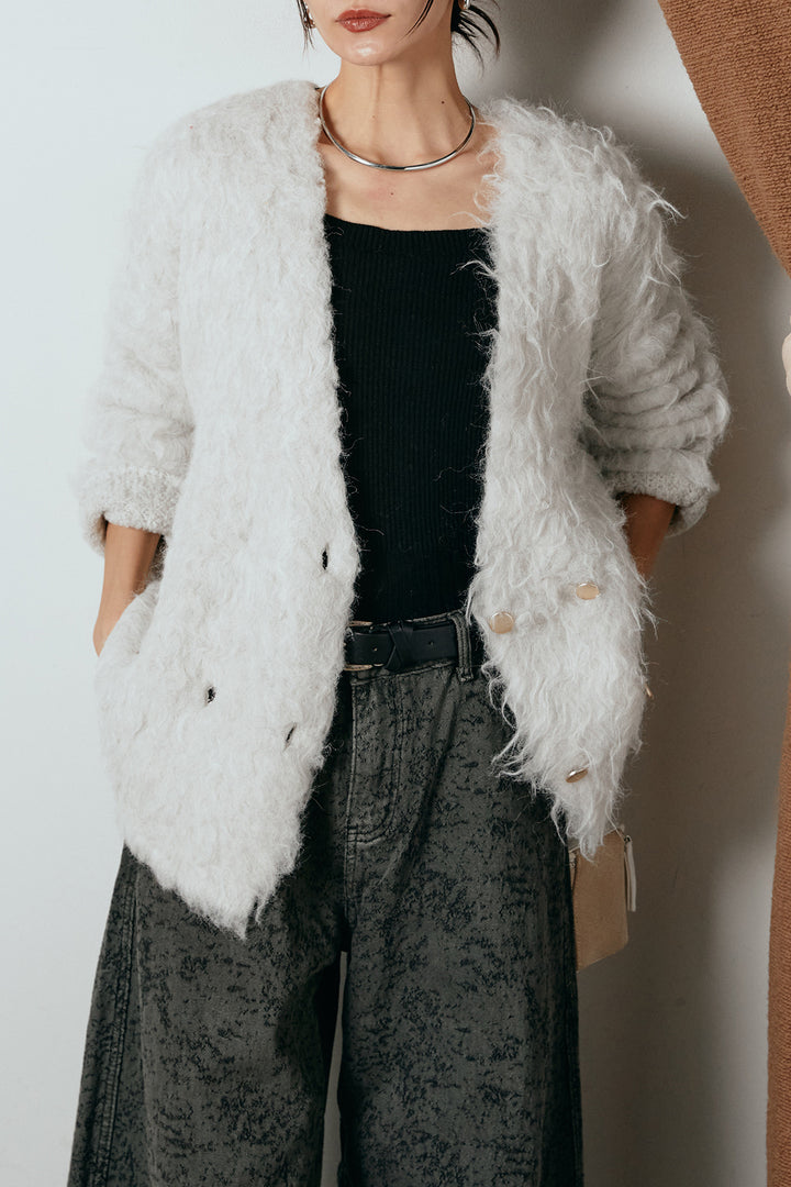 [SET]ウェーブシャギーニットジャケット+ベルト付きニュアンス柄カーブワイドパンツ(2set)