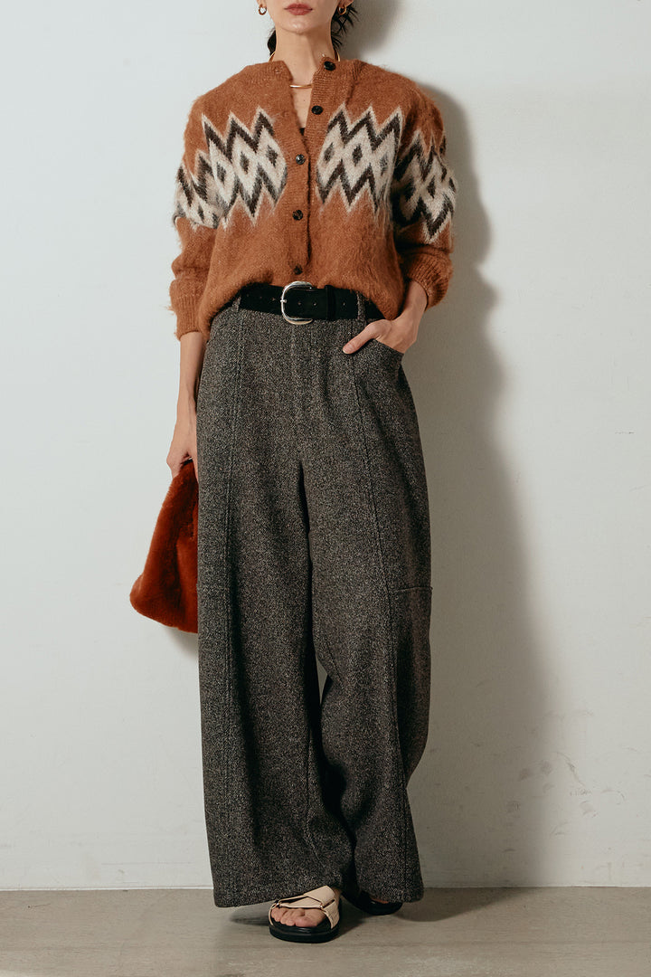 [SET]起毛ノルディック柄ニットカーディガン+太ベルト付きツイードワイドパンツ(2set)