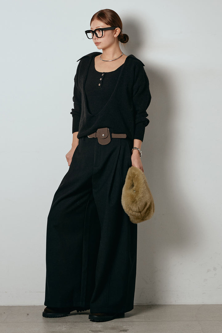 [SET]襟付きレイヤードニットトップス+ポーチベルト付きカーブパンツ(2set)