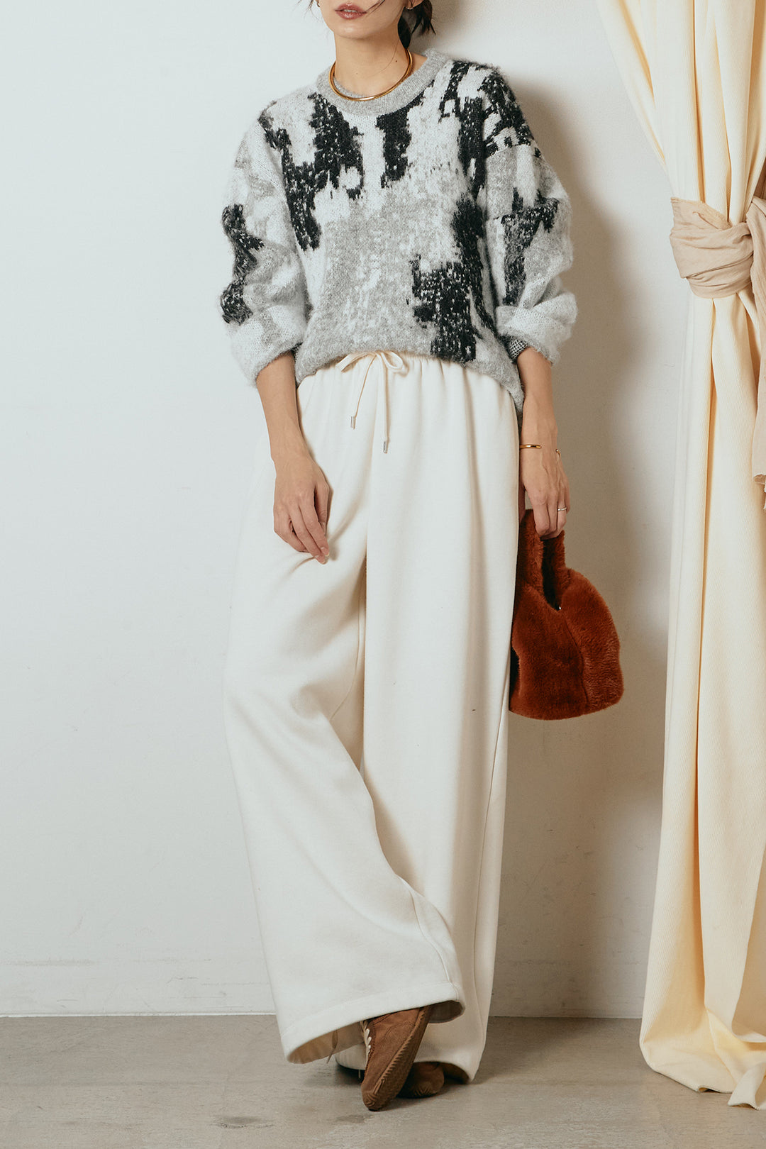 [SET]起毛ニュアンス柄ニットプルオーバー+裏起毛スウェットワイドパンツ(2set)