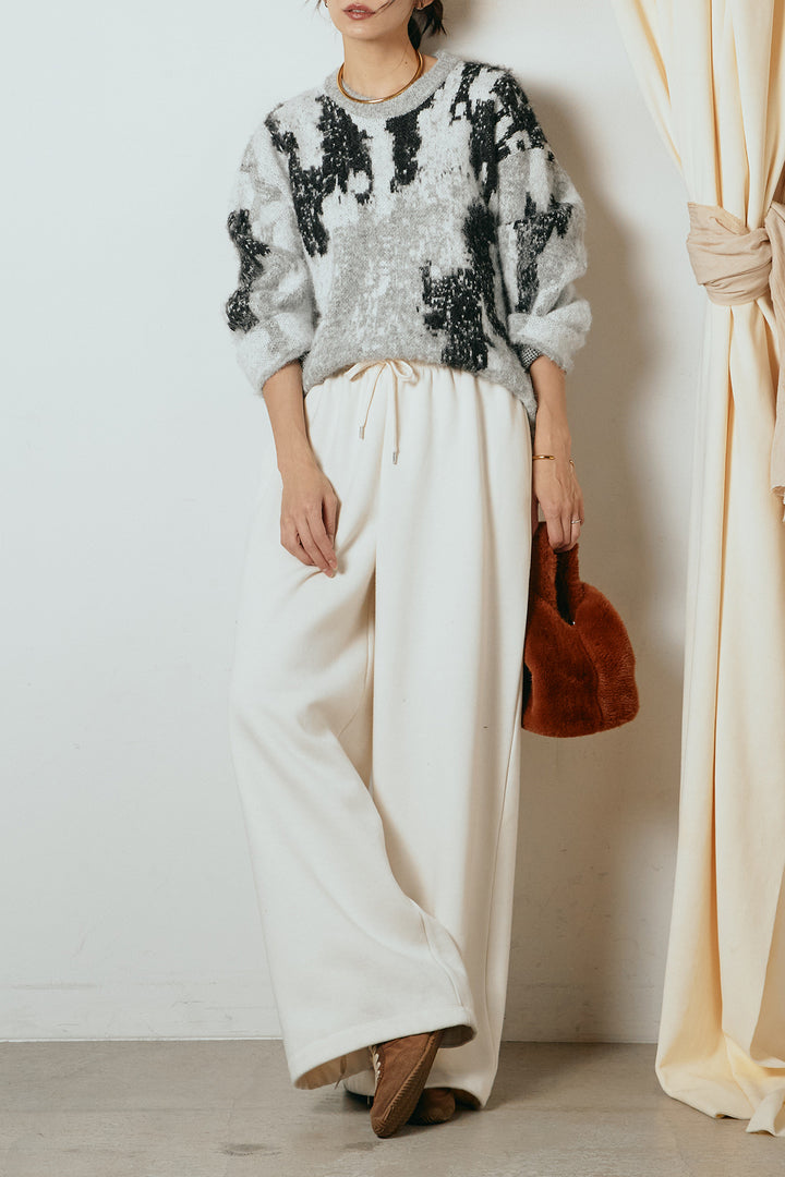 [SET]起毛ニュアンス柄ニットプルオーバー+裏起毛スウェットワイドパンツ(2set)