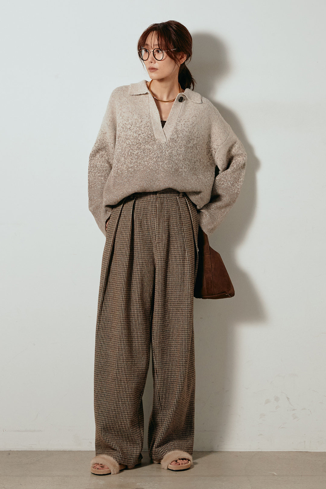 [SET]グラデーションラメニットキーネックプルオーバー+ガンクラブチェックタックパンツ(2set)