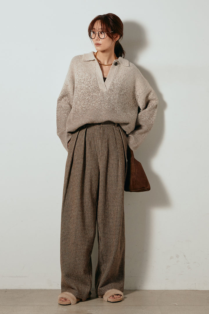 [SET]グラデーションラメニットキーネックプルオーバー+ガンクラブチェックタックパンツ(2set)
