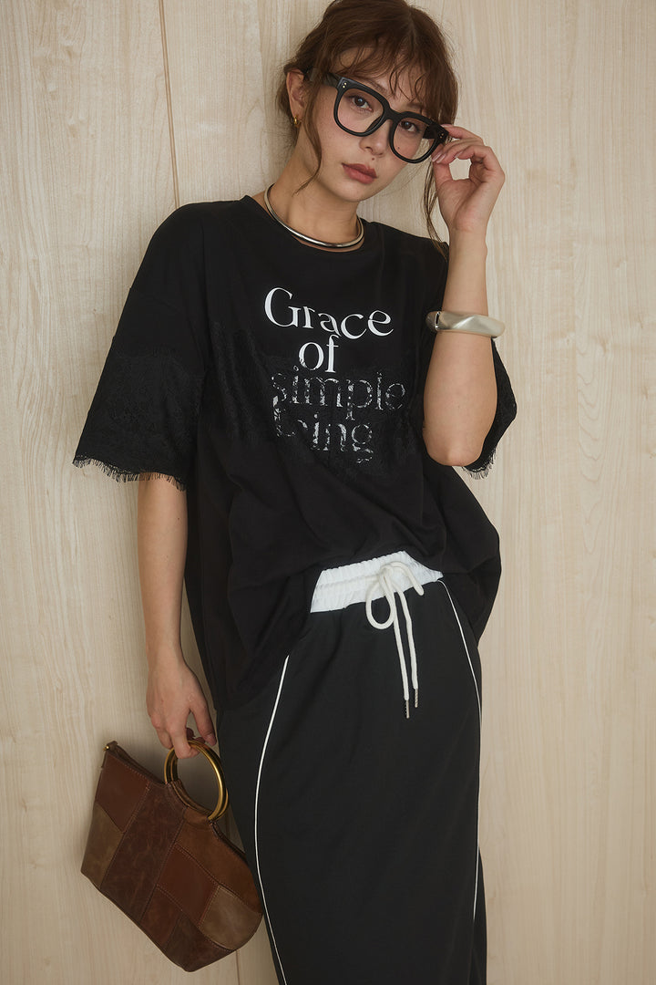 [SET]レースロゴプリントTシャツ+ミニ裏毛ストレートスカート(2set)