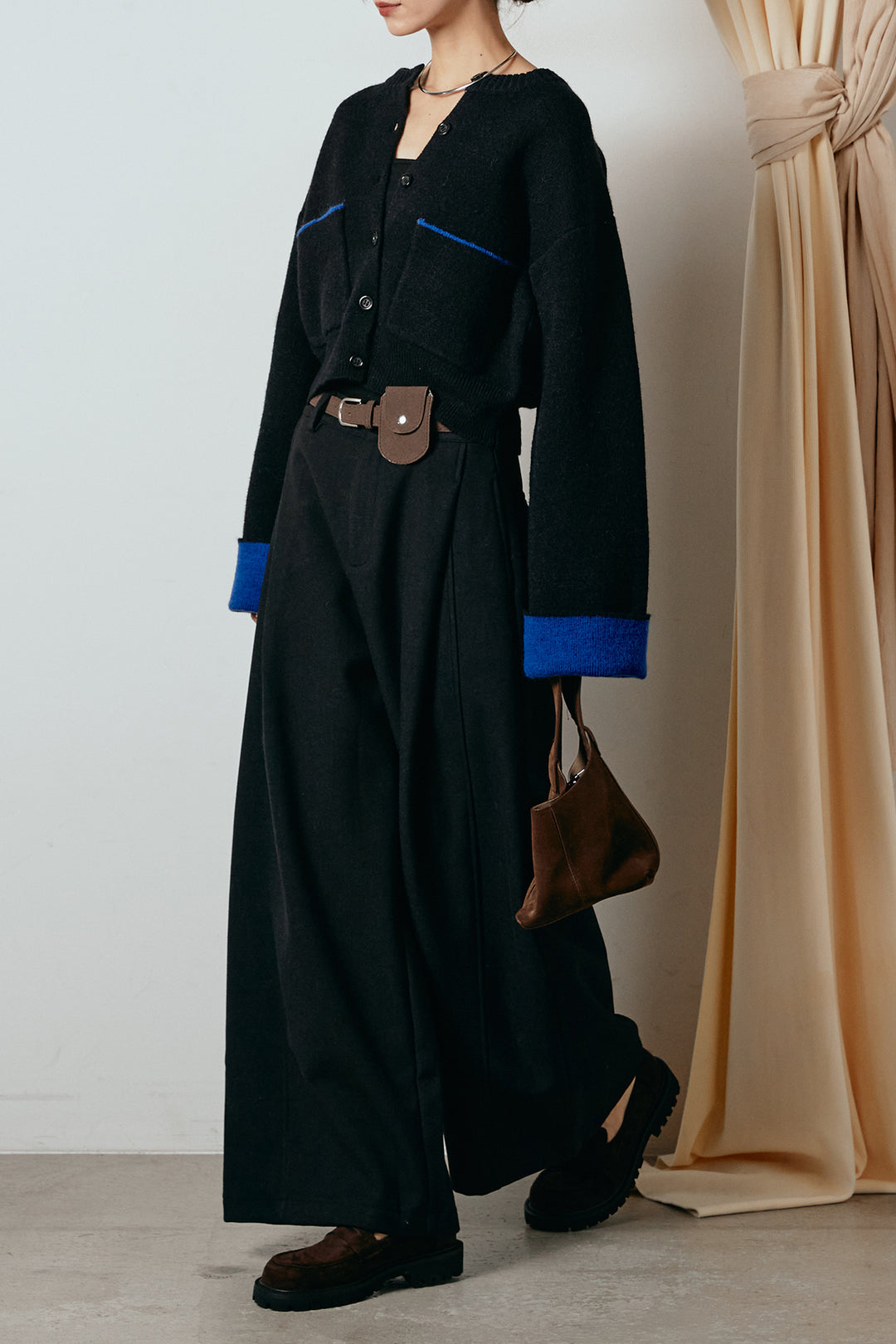 [SET]アルパカタッチダブルフェイスカーディガン+ポーチベルト付きカーブパンツ(2set)