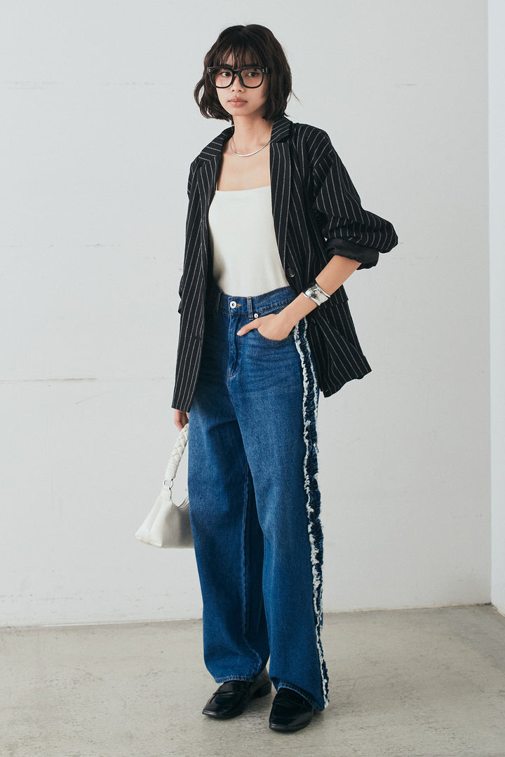 [SET]リネンライクストライプテーラードジャケット+デニムサイドフリルパンツ(2set)