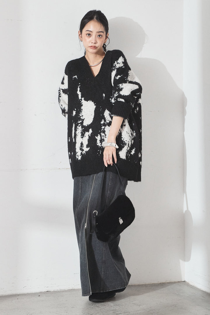 [SET]アブストラクト柄ニットプルオーバー+フロントジップデニムスカート(2set)