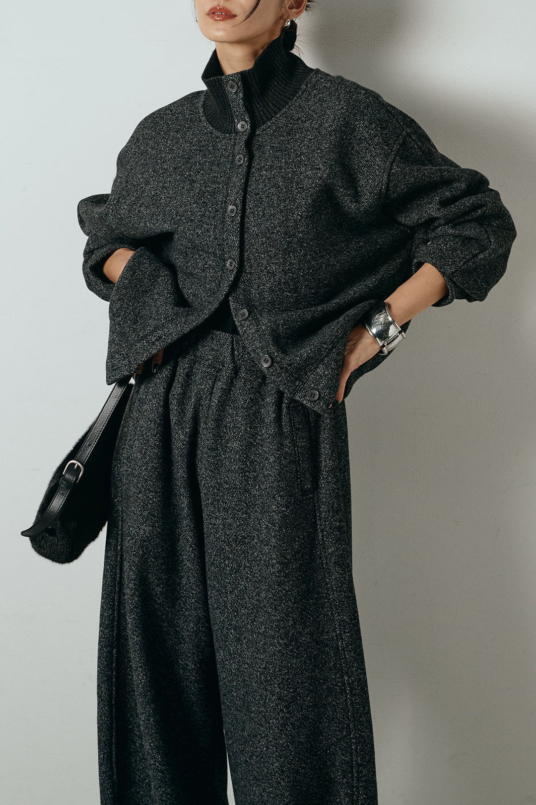 [SET]リブスタンドネックボタントップスSETUP