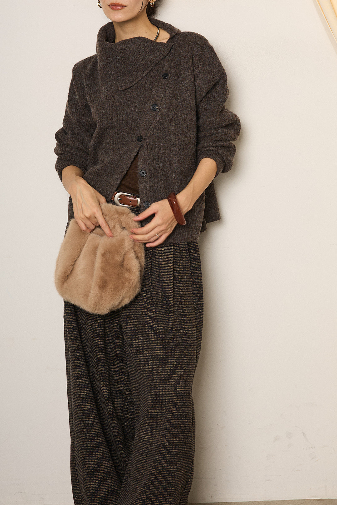 [SET]ボタンデザインネックニットプルオーバー+起毛タック入りツイードワイドパンツ(2set)