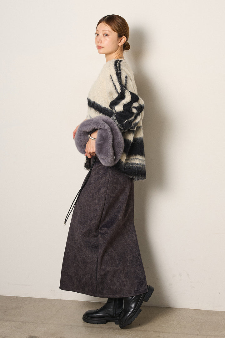 [SET]アクセントブラッシュドカーディガン+ロープベルト付きスウェード調スカート(2set)