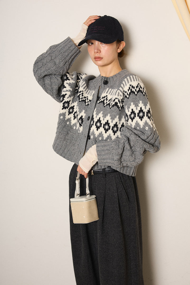 [SET]2WAY求心柄ジャガードショートカーディガン+起毛タック入りツイードワイドパンツ+2WAY袖コード刺繍クルーネックプルオーバー(3set)