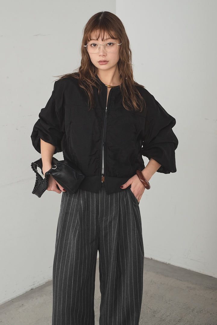 [SET]シアー×ポンチブルゾン+細ベルト付きピンストライプワイドパンツ(2set)