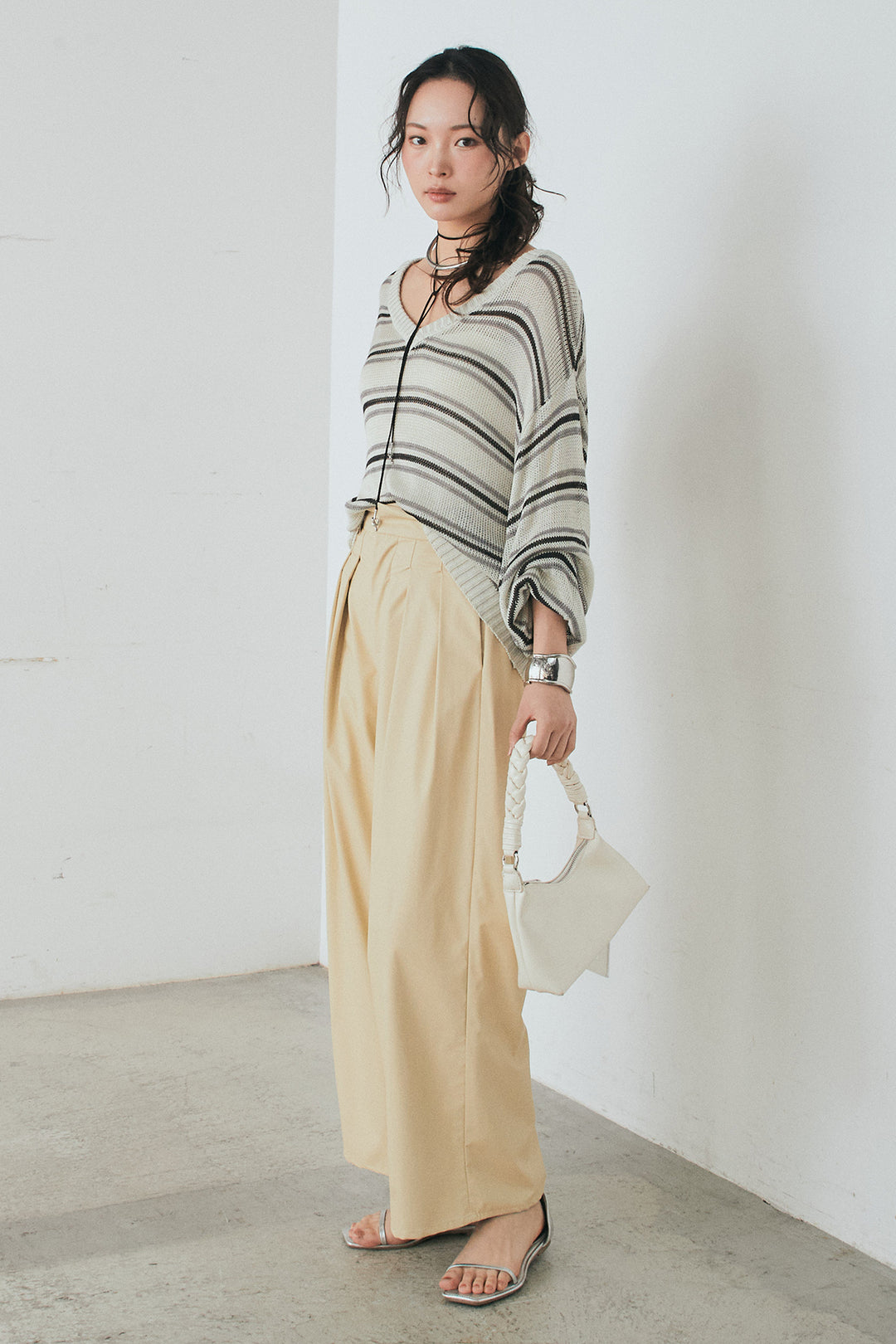 [SET]綿タッチVネックボーダートップス+ウォッシャブルエコレザータックパンツ(2set)