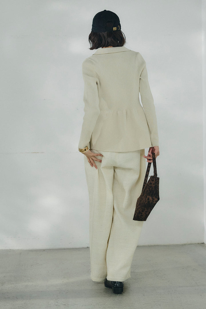 [SET]スキッパーペプラムニット+デニムライクヘリンボーンタックパンツ(2set)