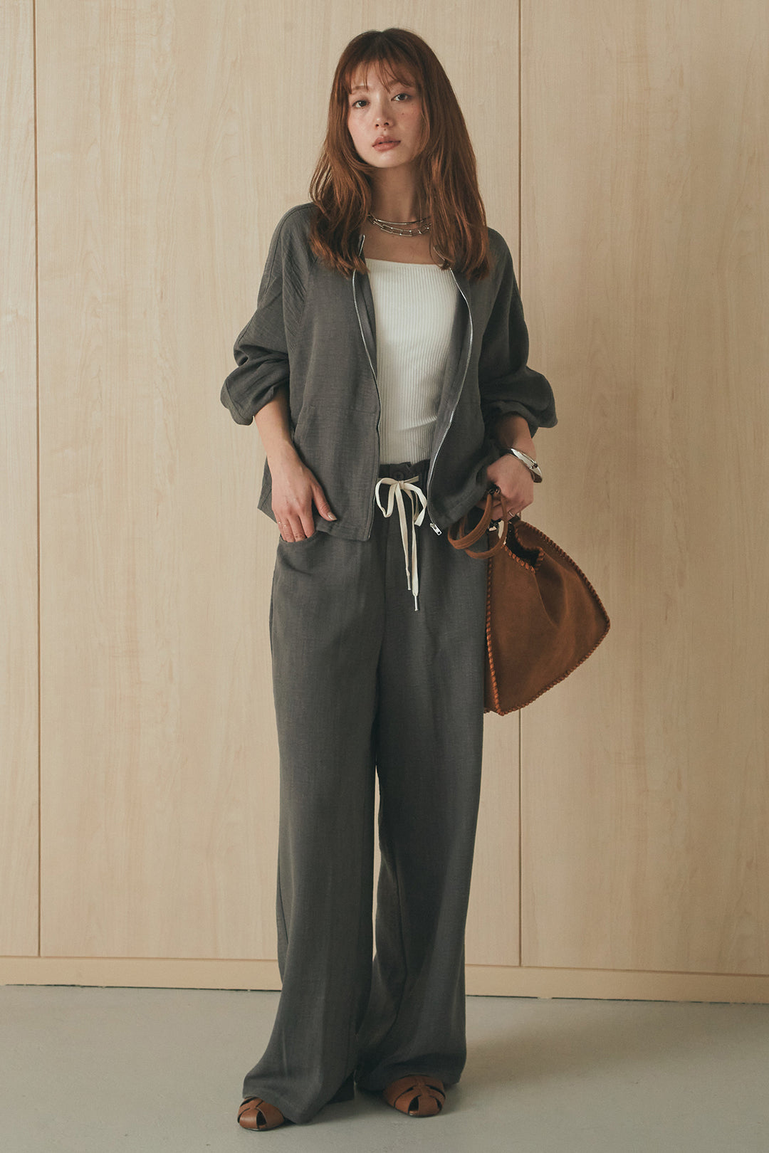 [SET]麻混ノーカラーブルゾン+麻混ウエストドロストパンツ(2set)