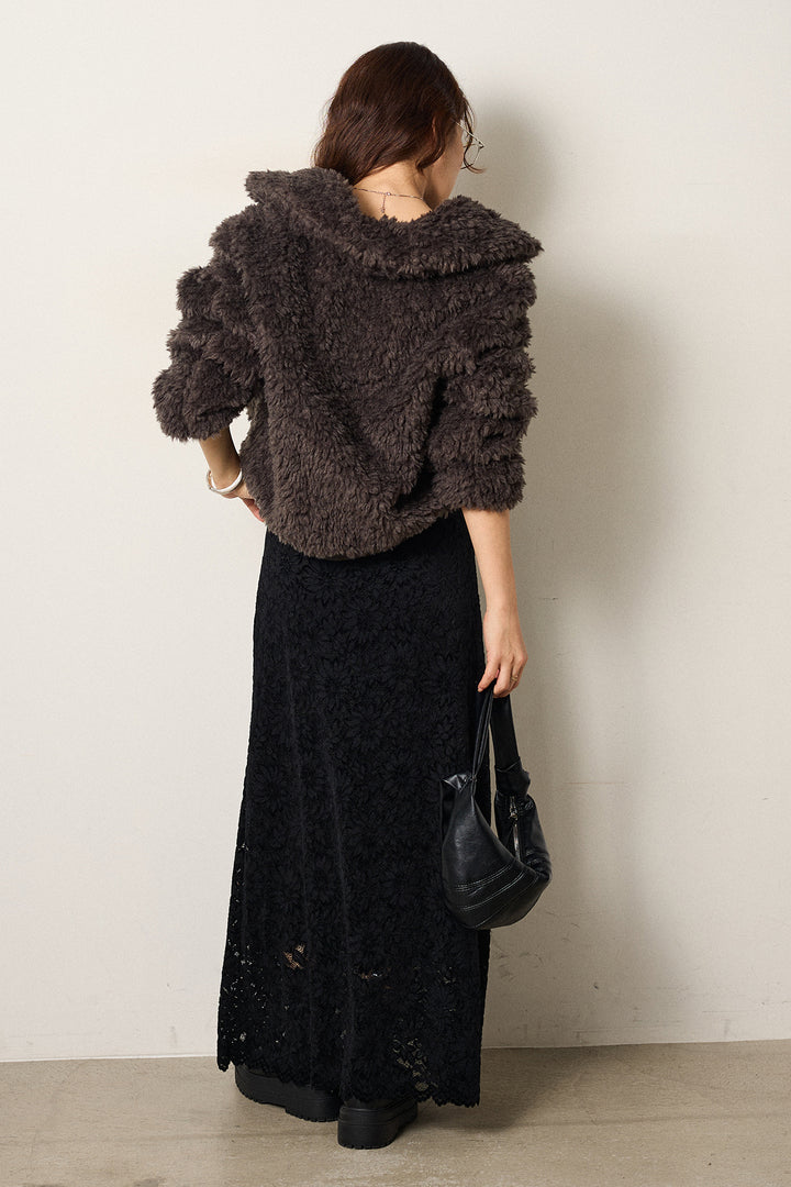 [SET]スタンドカラー裾リブボアブルゾン+花柄刺繍ベロアフレアスカート(2set)