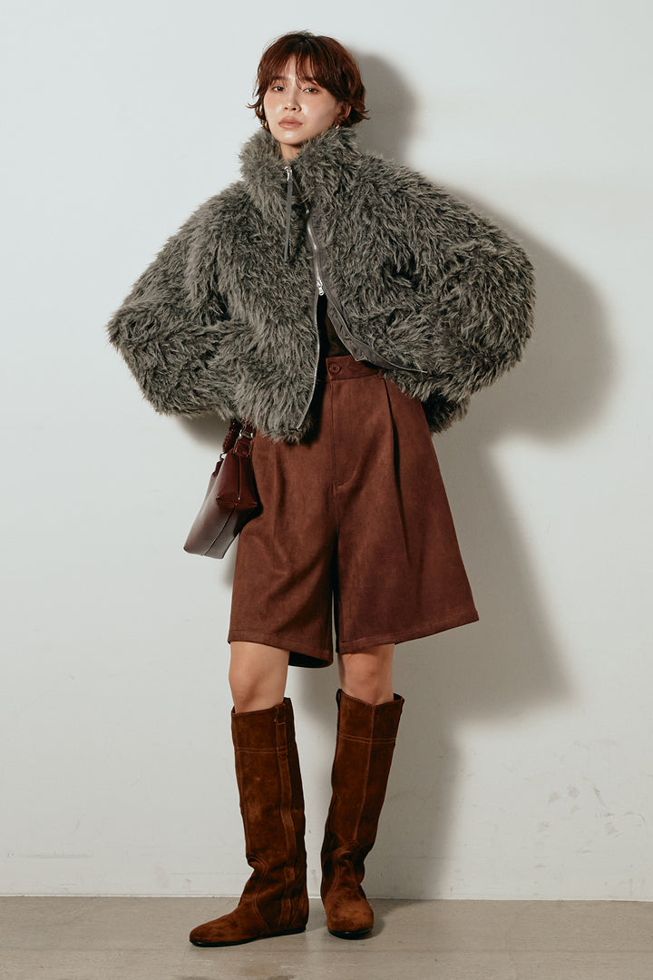 [SET]ミックスシープファースタンドブルゾン+フェイクスウェードハーフパンツ(2set)