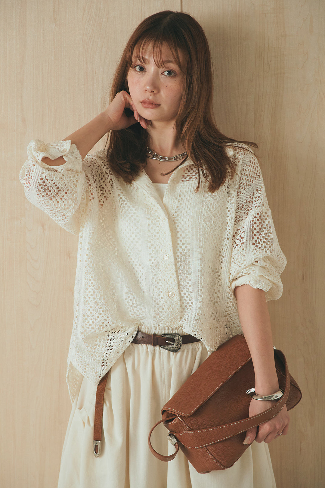 [SET]長袖襟付きレースシャツ+ポケットタックフォルムパンツ(2set)