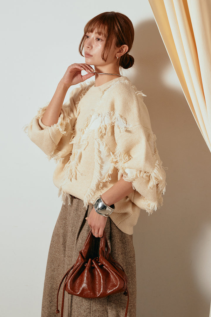 [SET]シャギージャガードニットトップス+ベルト付きネップツイードカーブパンツ(2set)