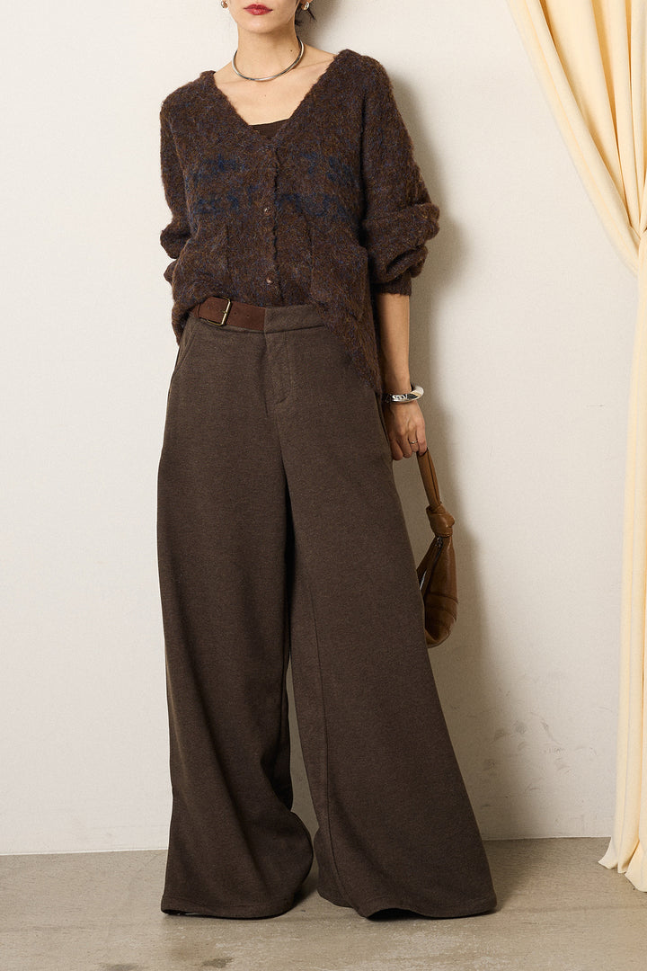 [SET]ウール混透かしロゴニットカーディガン+サイドベルトパンツ(2set)