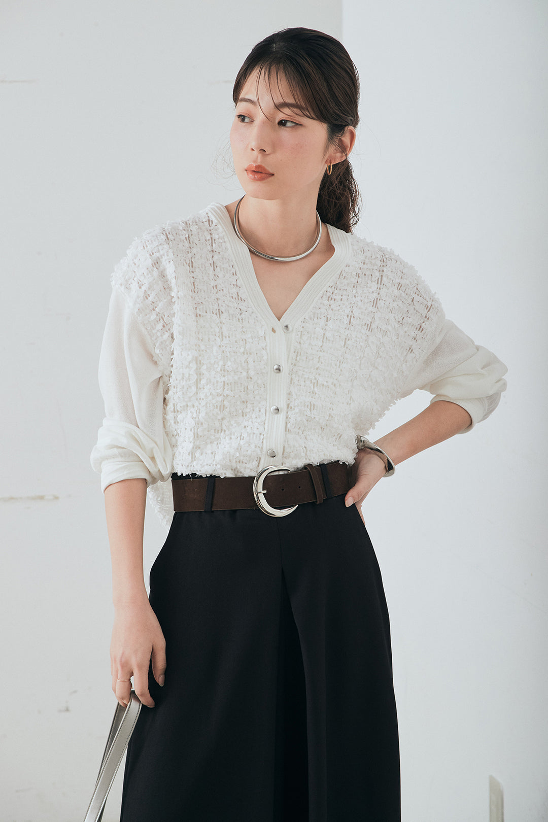 [SET]モコレースVネックカーディガン+太ベルト付きフロントタックパンツ(2set)
