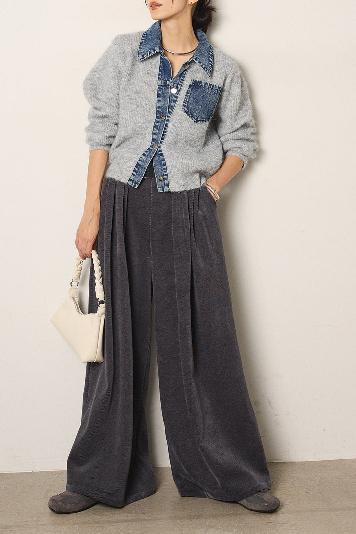 [SET]襟付きデニム切替ニットカーディガン+ベルトループコーデュロイワイドパンツ(2set)