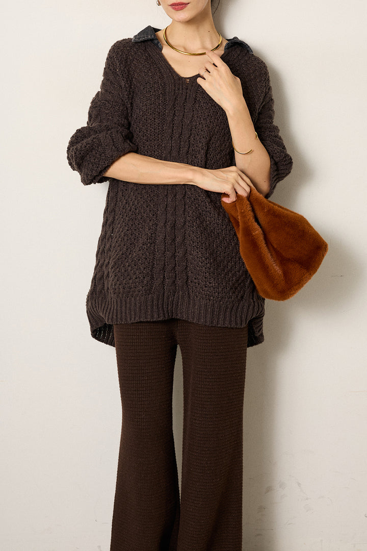 [SET]デニムカラーケーブルオーバーニット+ワイドリブニットイージーパンツ(2set)