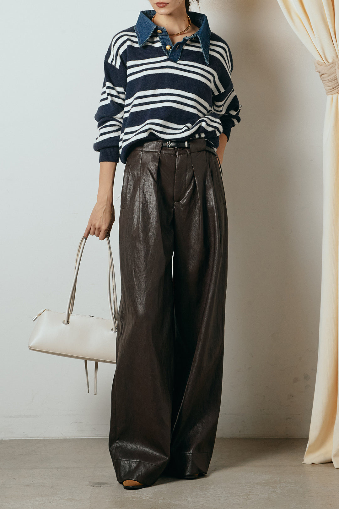 [SET]デニムレイヤード風ランダムボーダーニットプルオーバー+ベルト付きレザーライクタックパンツ(2set)