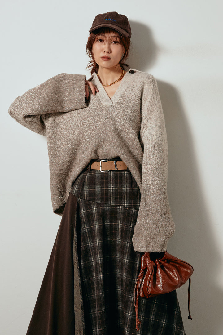 [SET]グラデーションラメニットキーネックプルオーバー+フェイクレザーベルト付き切り替えタータンチェックスカート(2set)
