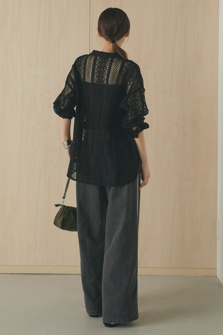 [SET]長袖襟付きレースシャツ+ドロストサイドラインデニムパンツ(2set)