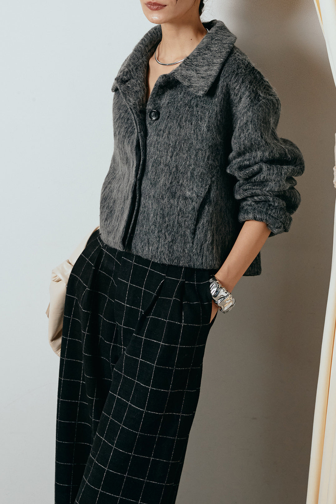 [SET]シャギーショートジャケット+スクエアチェック柄ワイドパンツ(2set)