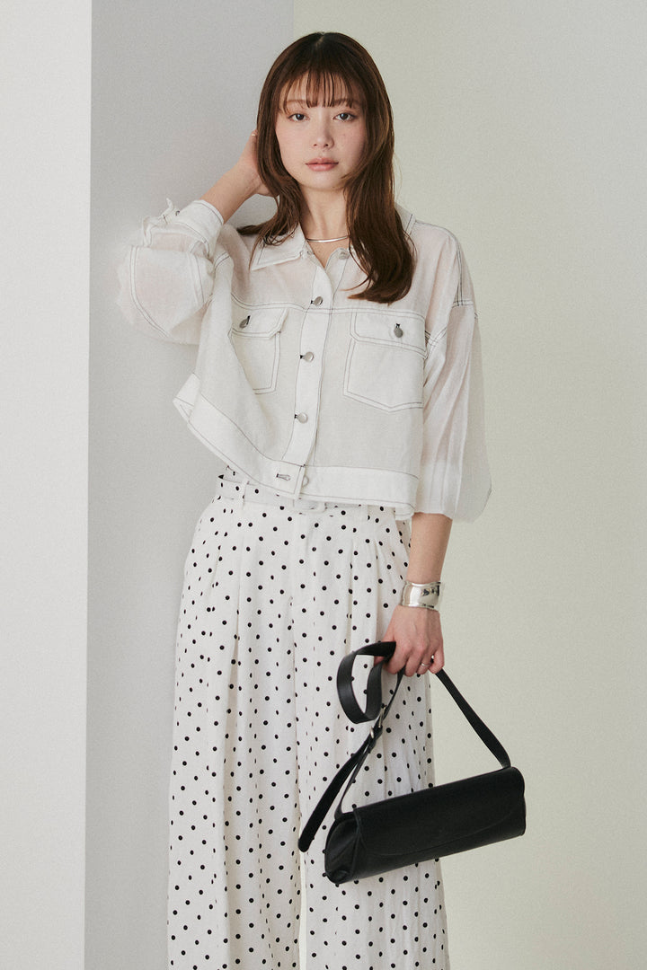 [SET]配色ステッチシアーシャツ+ベルト付きドット柄ワイドパンツ(2set)