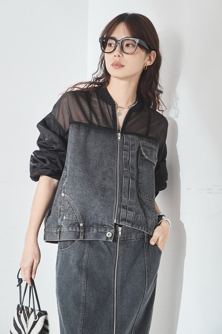 [SET]デニムコンビネーションブルゾン+フロントジップデニムスカート(2set)