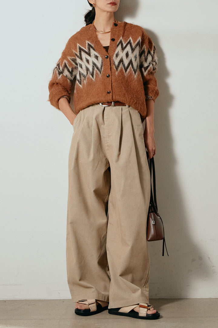[SET]起毛ノルディック柄ニットカーディガン+フロントタック入りコーデュロイパンツ(2set)
