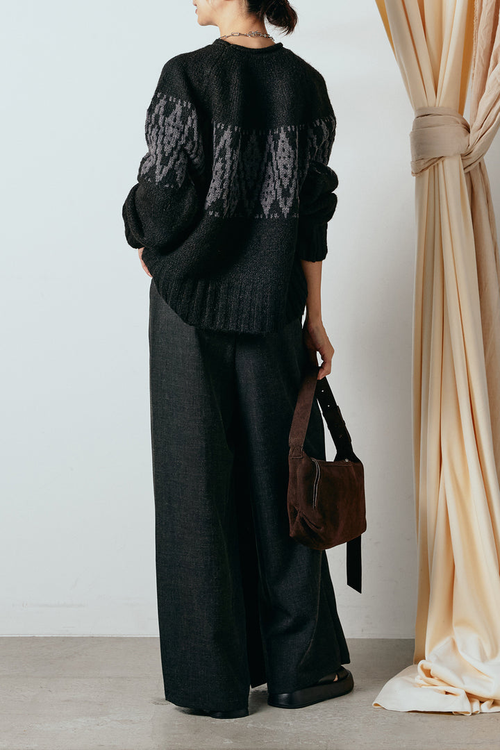 [SET]モノトーン柄ニットトップス+ラップ巻きワイドスラックス(2set)