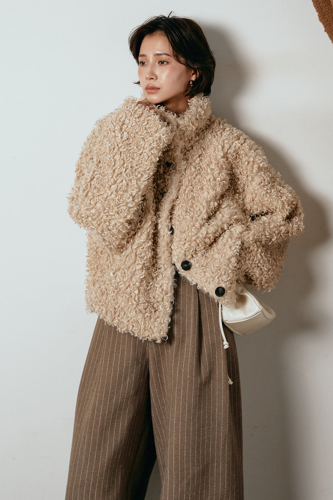 [SET]プードルファーミドルジャケット+ウールライクストライプパンツ(2set)