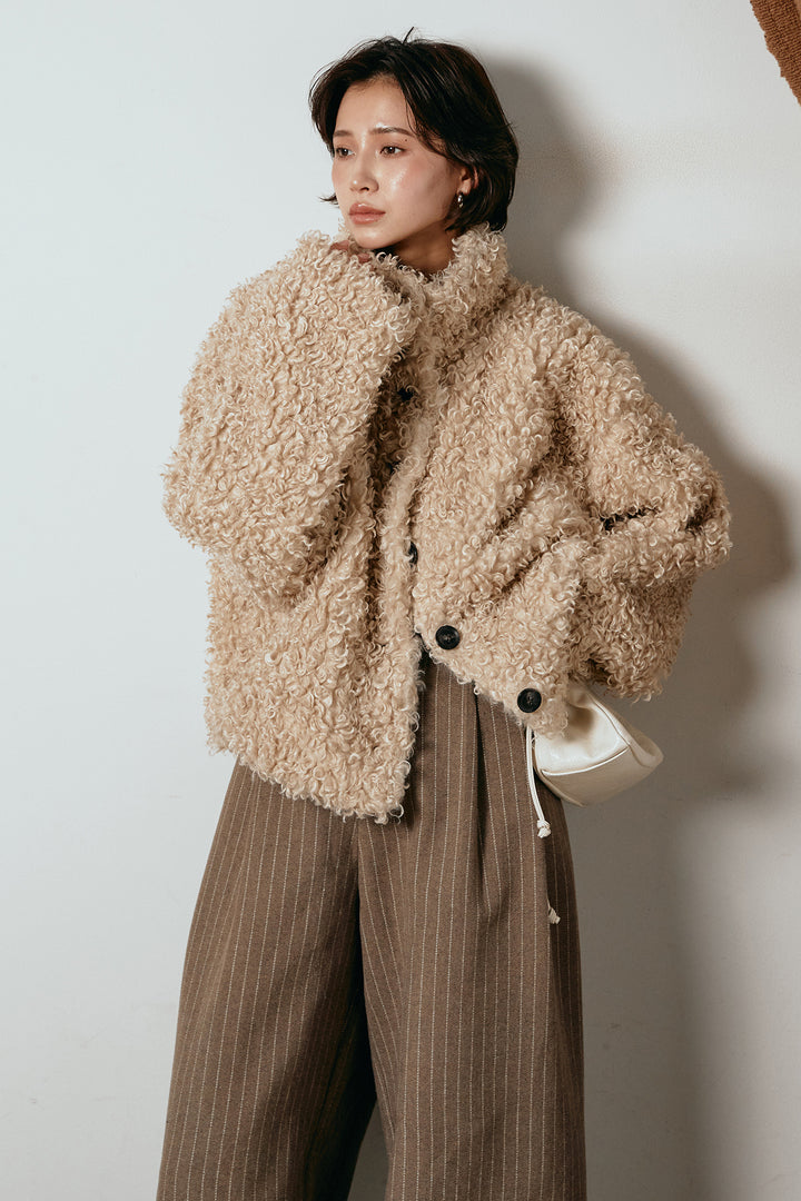 [SET]プードルファーミドルジャケット+ウールライクストライプパンツ(2set)