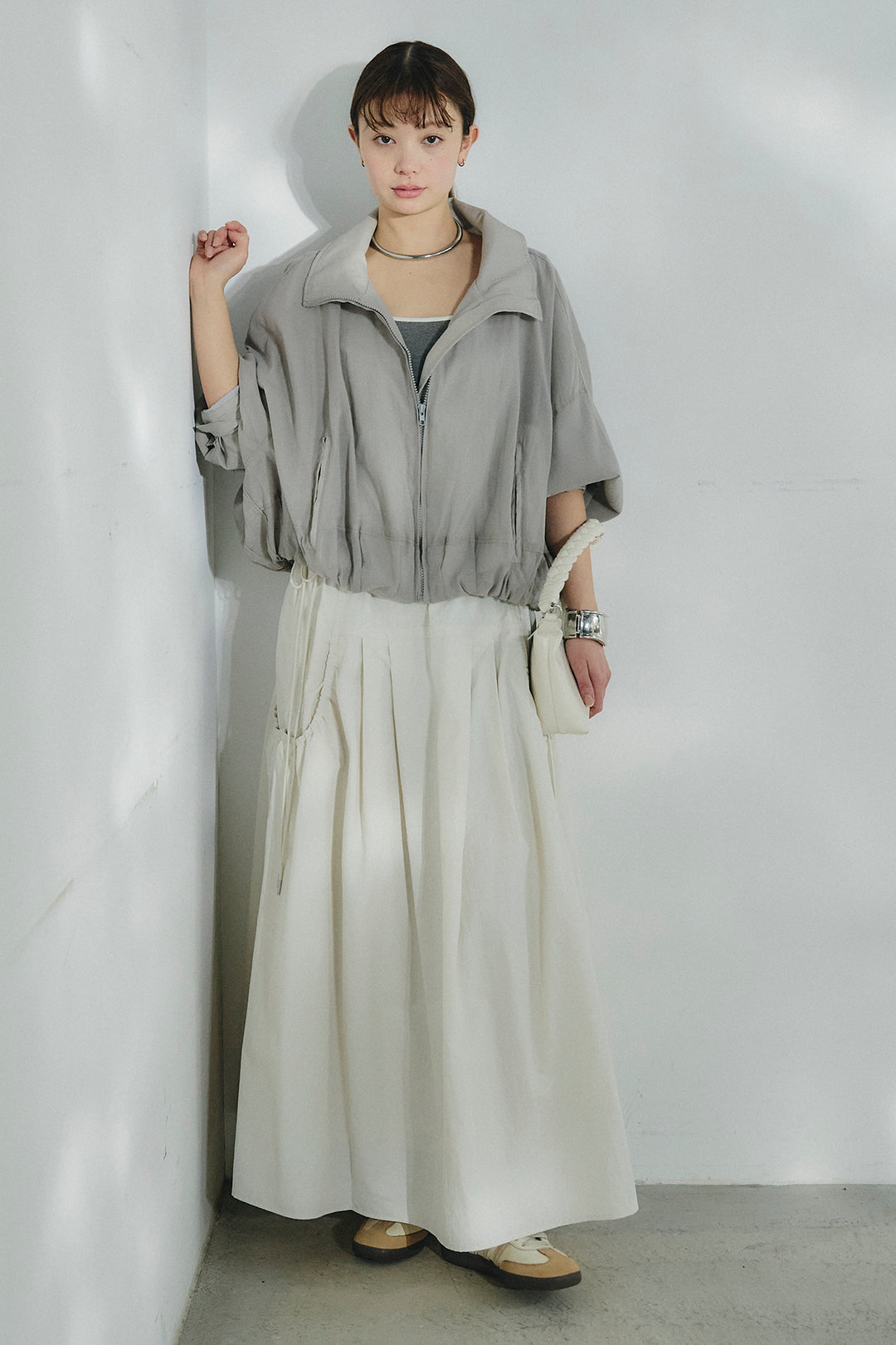 [SET]スタンドネックシアーブルゾン+ナイロンデザインフレアスカート(2set)