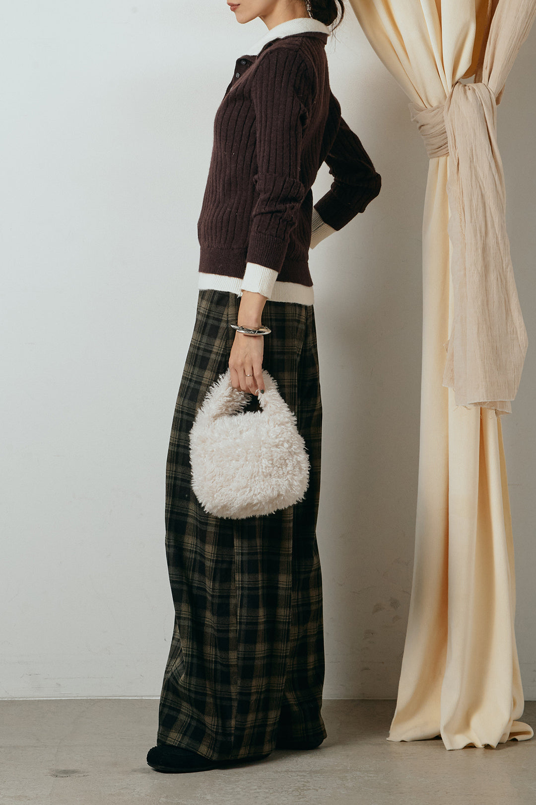 [SET]レイヤード風リブニットトップス+ベルト付きタータンチェックカーブワイドパンツ(2set)