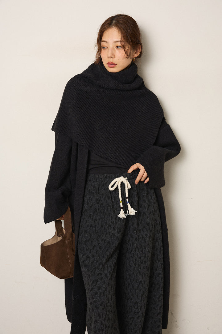 [SET]ケープレイヤードロングカーディガン+レオパードジャガードニットパンツ(2set)