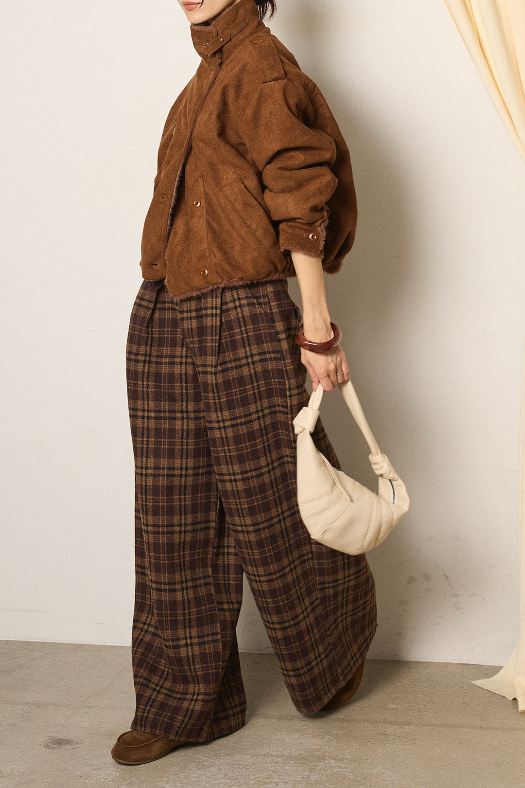 [SET]スタンド襟スウェードライクアウター+スタッズデザインベルトタータンチェックパンツ(2set)