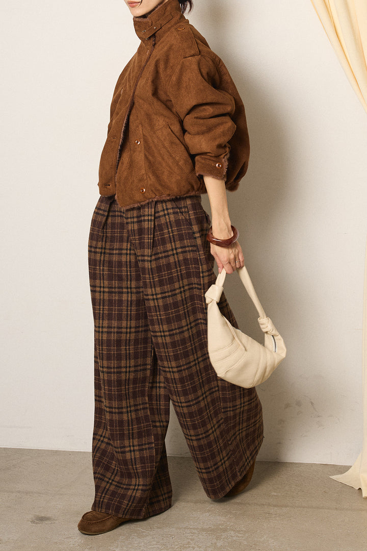 [SET]スタンド襟スウェードライクアウター+スタッズデザインベルトタータンチェックパンツ(2set)