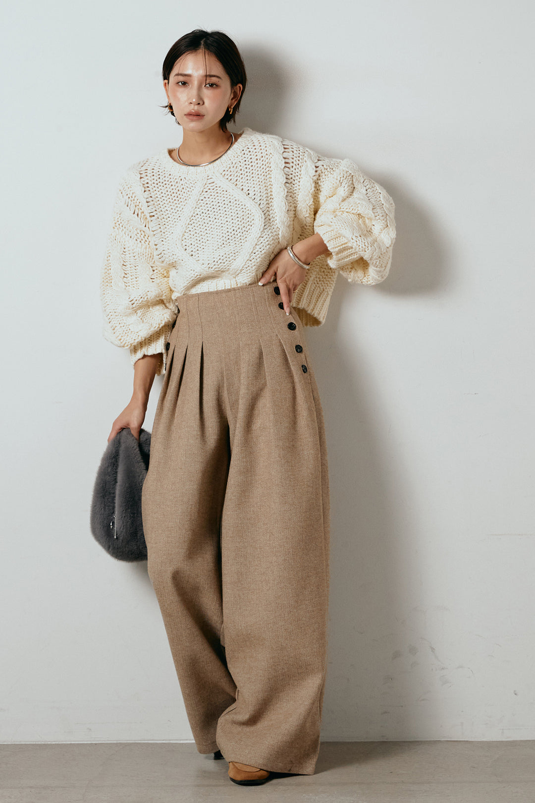 [SET]ロービングケーブルショート丈プルオーバー+サイドボタンツイードタックパンツ(2set)