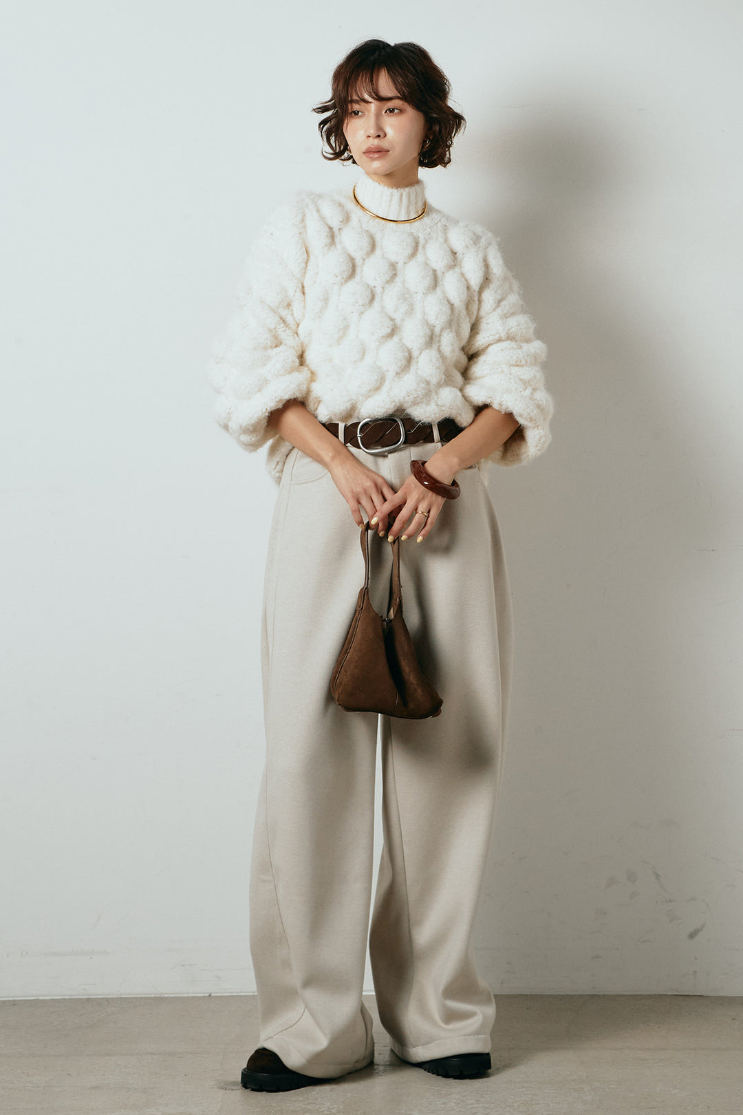 [SET]ボリュームポップコーンニットトップス+編みベルト付きワイドパンツ(2set)