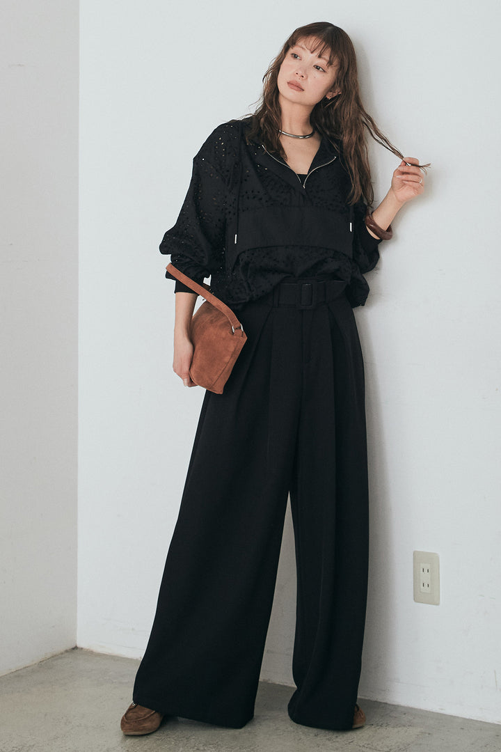 [SET]レースハーフジップアップフーディー+ベルト付きツータックワイドパンツ(2set)