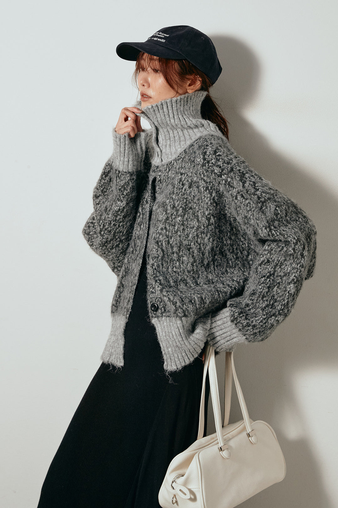 [SET]ハイネックミックスニットトップス+サイド切り替えリブニットロングスカート(2set)