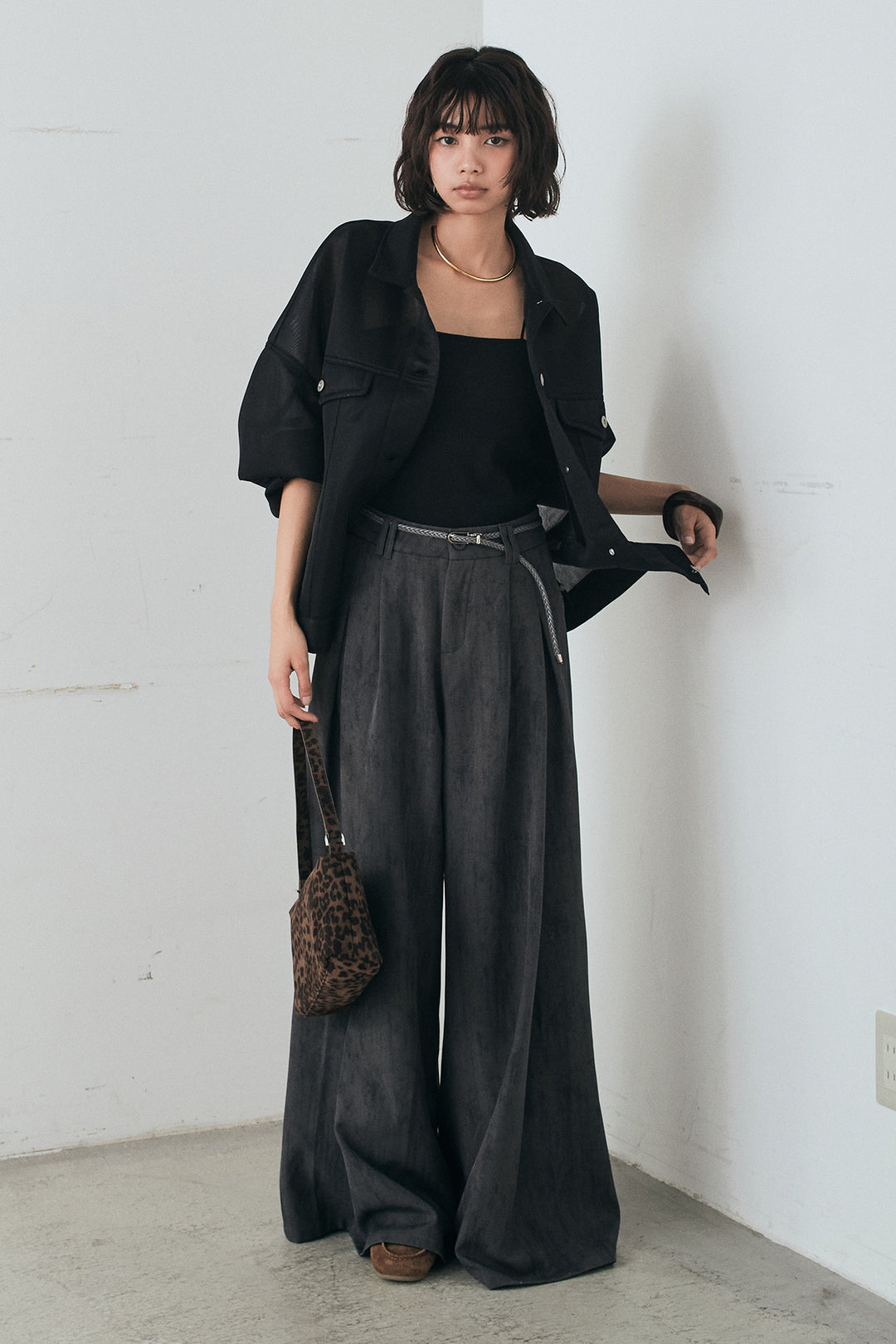 [SET]シアーダンボールサイドドロストジャケット+紐ベルト付きかすれ柄ワイドスラックス(2set)