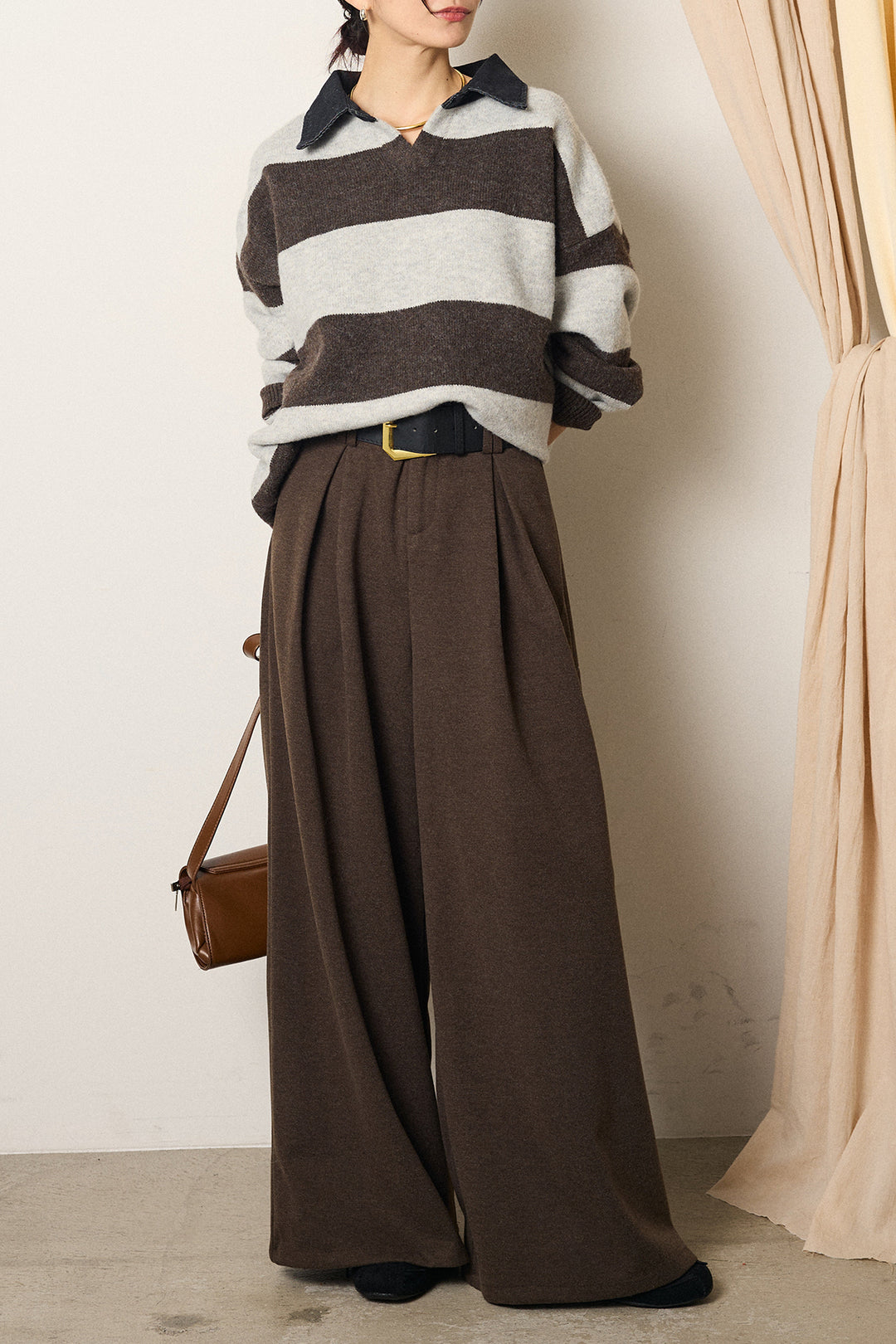 [SET]デニムカラーボーダールーズニット+ゴールドバックル太ベルト付きワイドパンツ(2set)